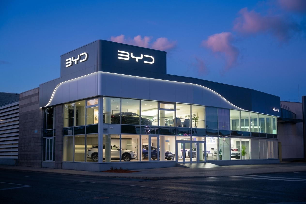 A BYD Miskolc szalon épülete esti kivilágításban